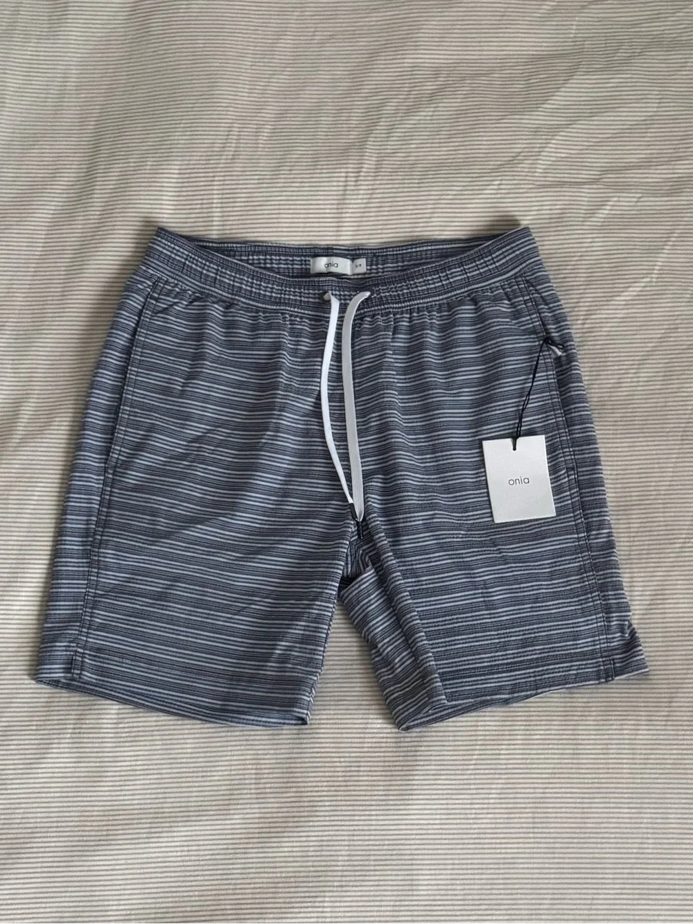 Onia Charles 7” Men’s Striped Swim Trunks Blue Gray NWT